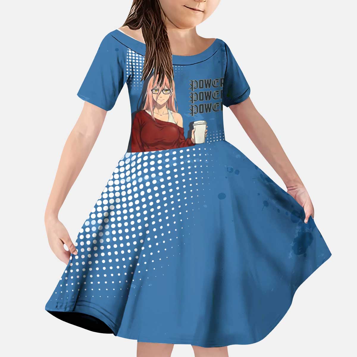 Power Chainsaw Man in Street Chic Kid Short Sleeve Dress Bold Blue Anime Aesthetic with Power
