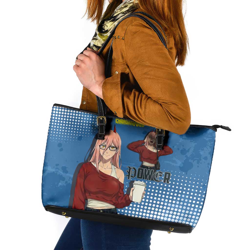Power Chainsaw Man in Street Chic Leather Tote Bag Bold Blue Anime Aesthetic with Power