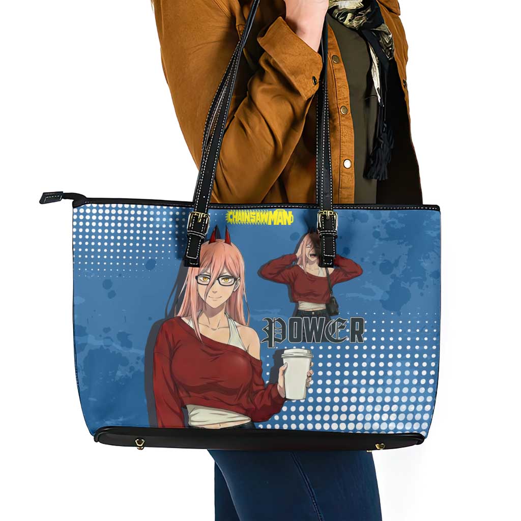 Power Chainsaw Man in Street Chic Leather Tote Bag Bold Blue Anime Aesthetic with Power