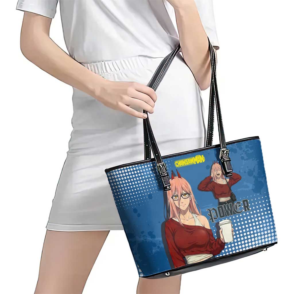 Power Chainsaw Man in Street Chic Leather Tote Bag Bold Blue Anime Aesthetic with Power