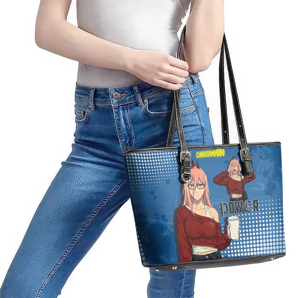 Power Chainsaw Man in Street Chic Leather Tote Bag Bold Blue Anime Aesthetic with Power