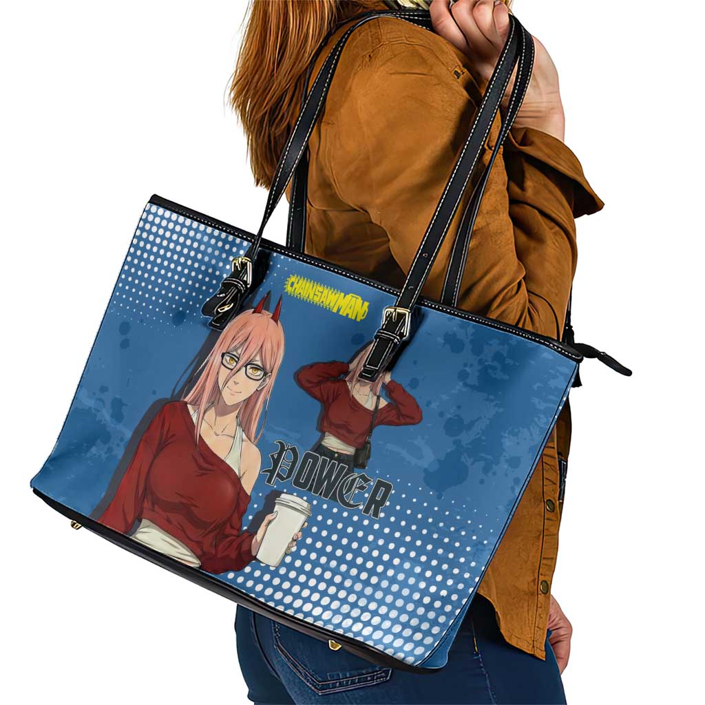 Power Chainsaw Man in Street Chic Leather Tote Bag Bold Blue Anime Aesthetic with Power