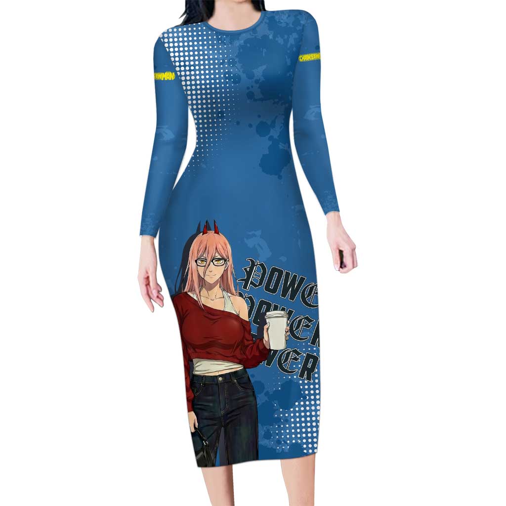 Power Chainsaw Man in Street Chic Long Sleeve Bodycon Dress Bold Blue Anime Aesthetic with Power