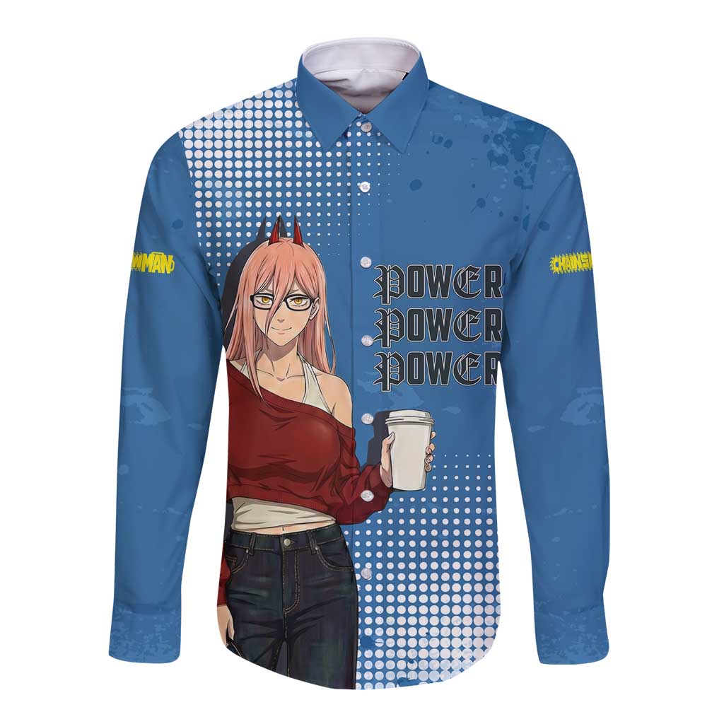 Power Chainsaw Man in Street Chic Long Sleeve Button Shirt Bold Blue Anime Aesthetic with Power