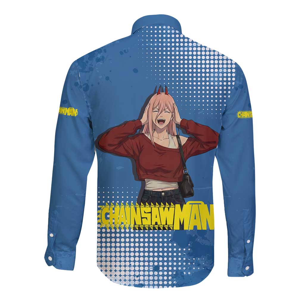 Power Chainsaw Man in Street Chic Long Sleeve Button Shirt Bold Blue Anime Aesthetic with Power