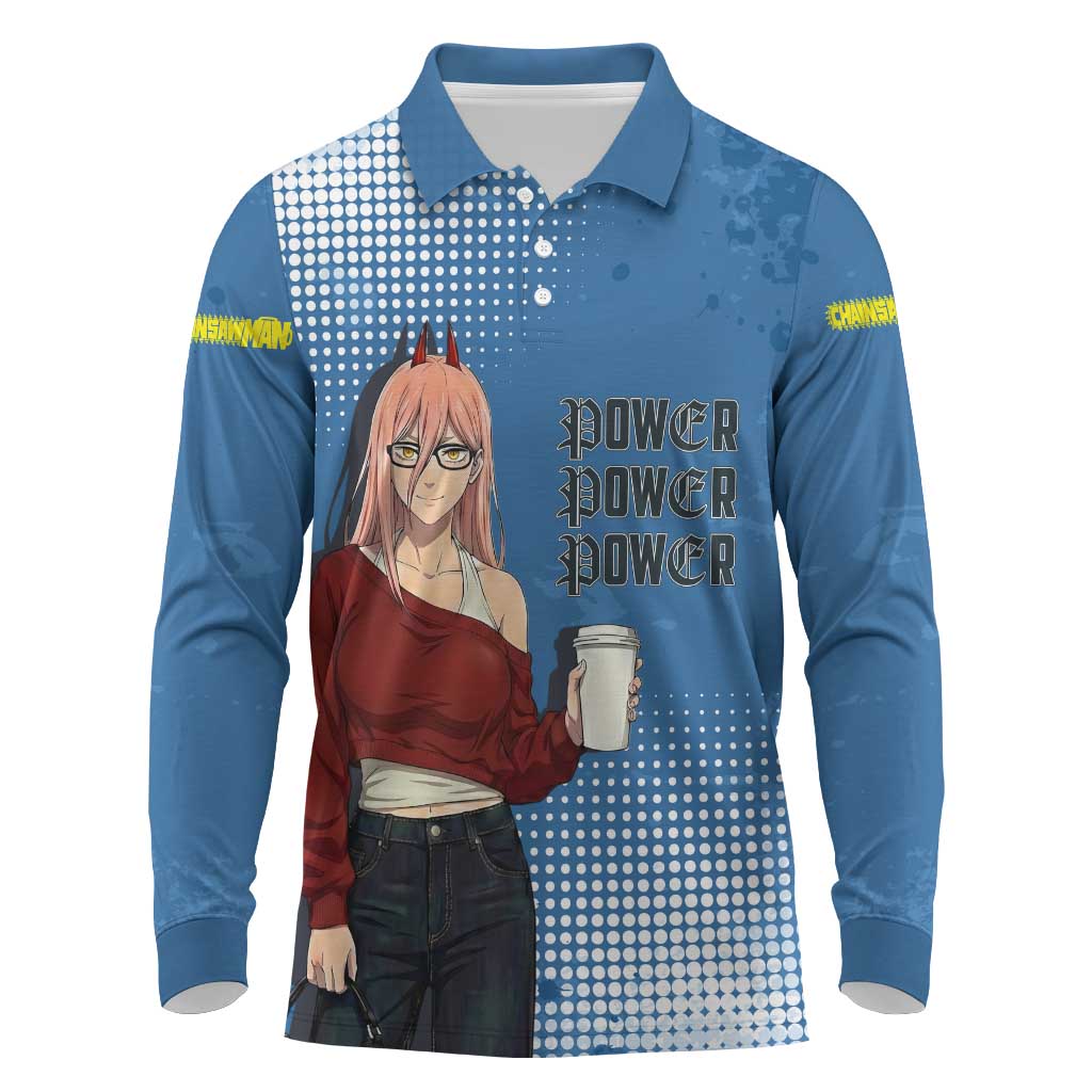 Power Chainsaw Man in Street Chic Long Sleeve Polo Shirt Bold Blue Anime Aesthetic with Power