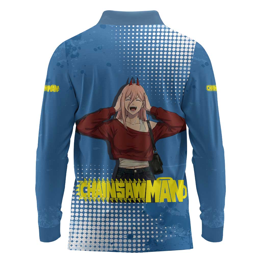 Power Chainsaw Man in Street Chic Long Sleeve Polo Shirt Bold Blue Anime Aesthetic with Power