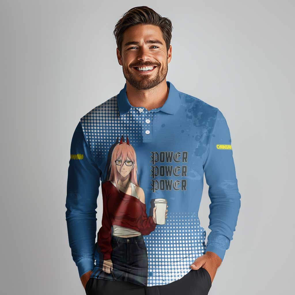 Power Chainsaw Man in Street Chic Long Sleeve Polo Shirt Bold Blue Anime Aesthetic with Power