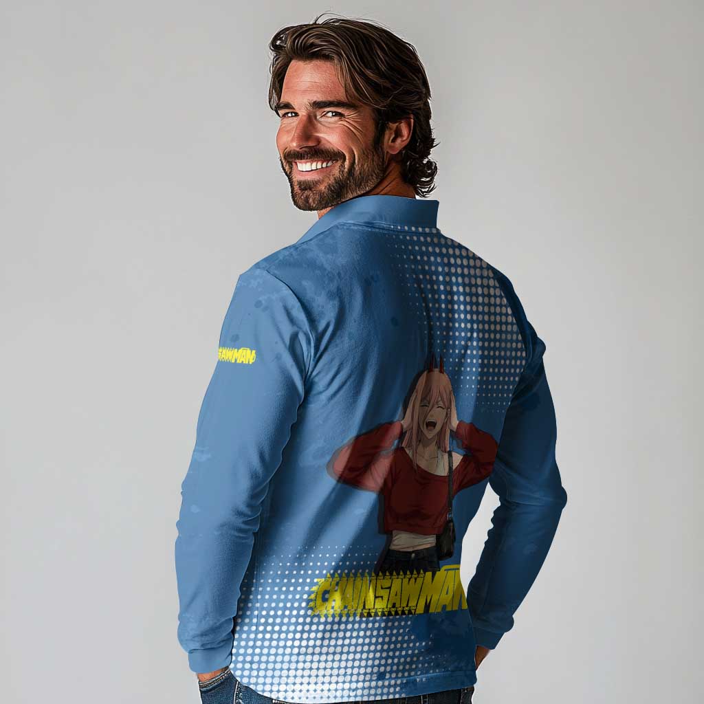 Power Chainsaw Man in Street Chic Long Sleeve Polo Shirt Bold Blue Anime Aesthetic with Power