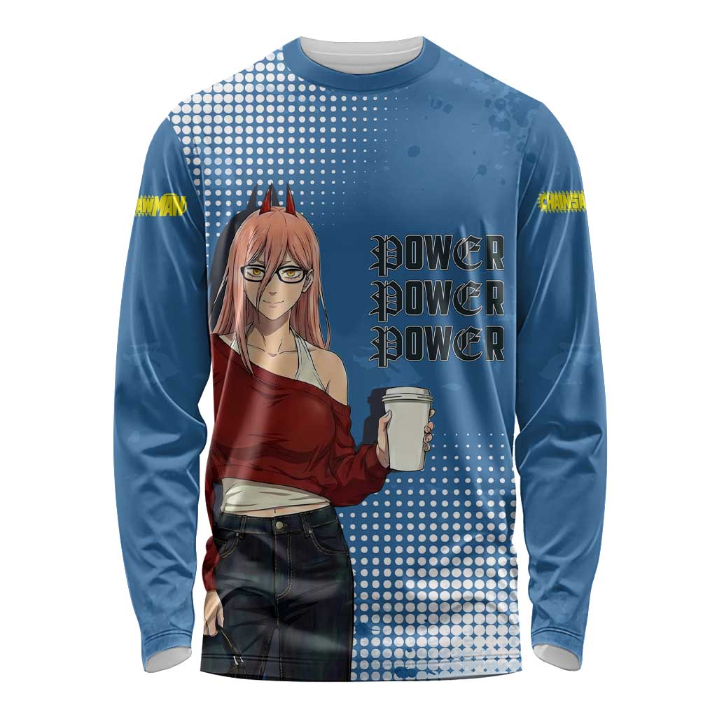 Power Chainsaw Man in Street Chic Long Sleeve Shirt Bold Blue Anime Aesthetic with Power