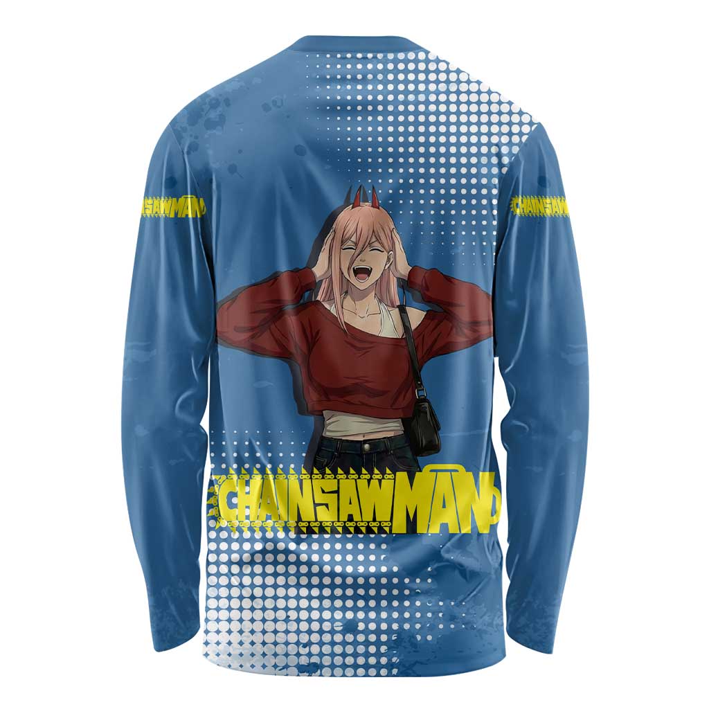 Power Chainsaw Man in Street Chic Long Sleeve Shirt Bold Blue Anime Aesthetic with Power