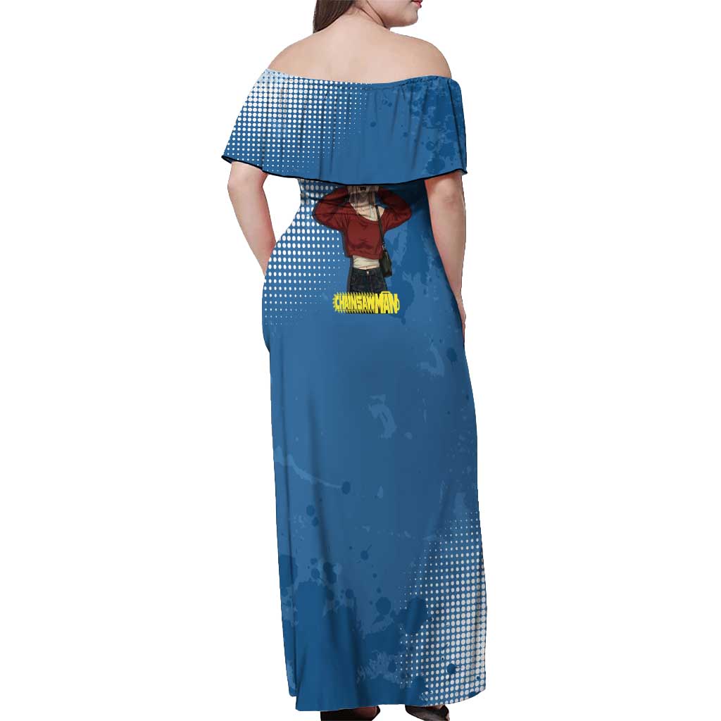 Power Chainsaw Man in Street Chic Off Shoulder Maxi Dress Bold Blue Anime Aesthetic with Power