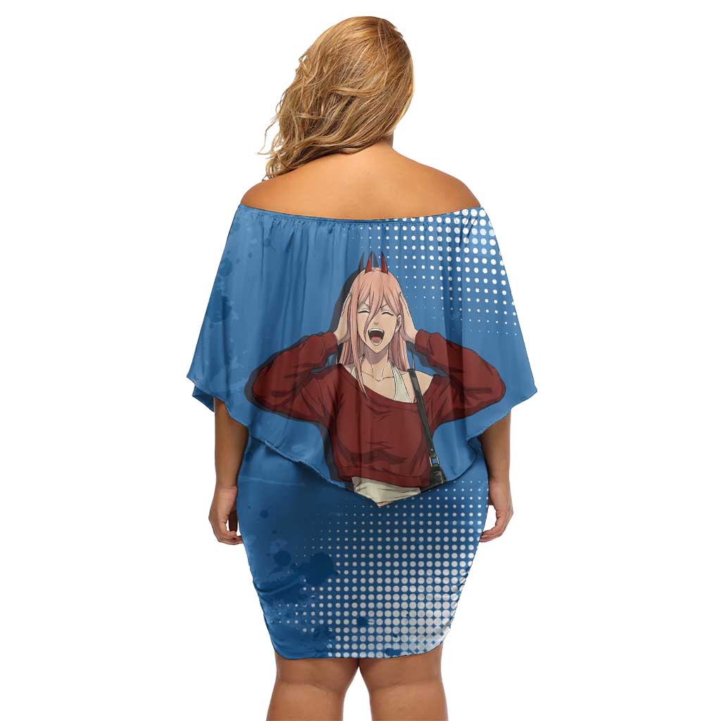 Power Chainsaw Man in Street Chic Off Shoulder Short Dress Bold Blue Anime Aesthetic with Power
