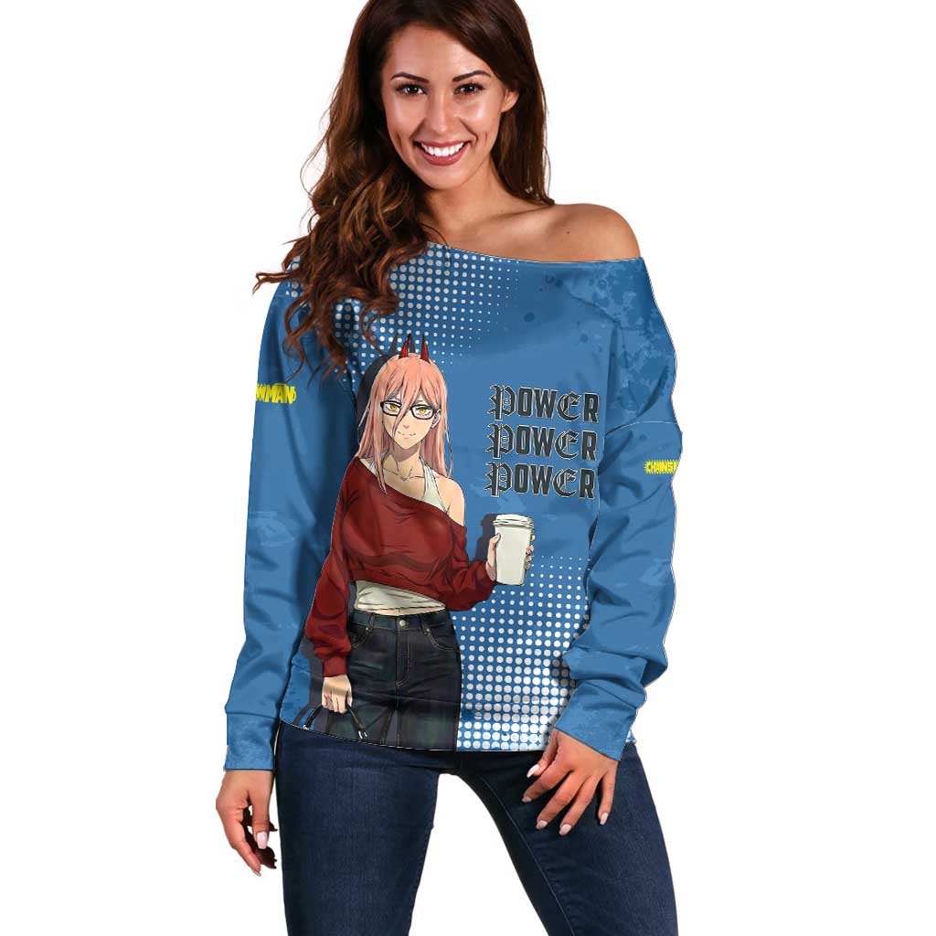 Power Chainsaw Man in Street Chic Off Shoulder Sweater Bold Blue Anime Aesthetic with Power