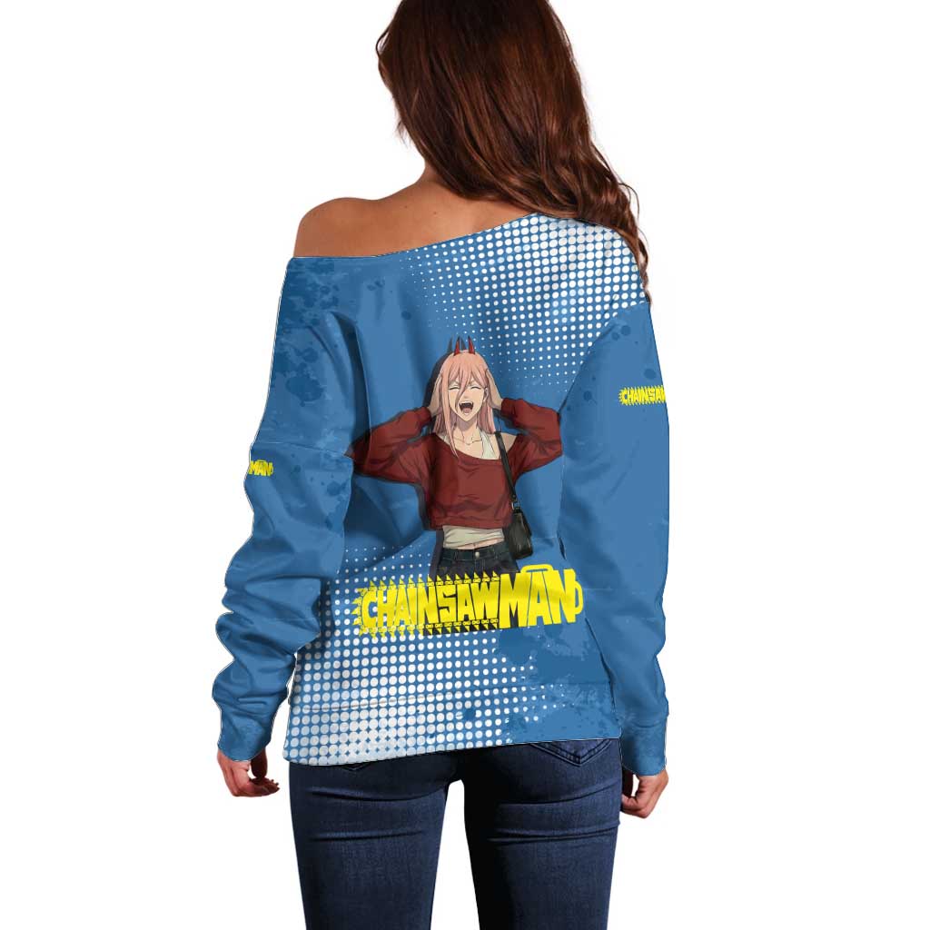 Power Chainsaw Man in Street Chic Off Shoulder Sweater Bold Blue Anime Aesthetic with Power