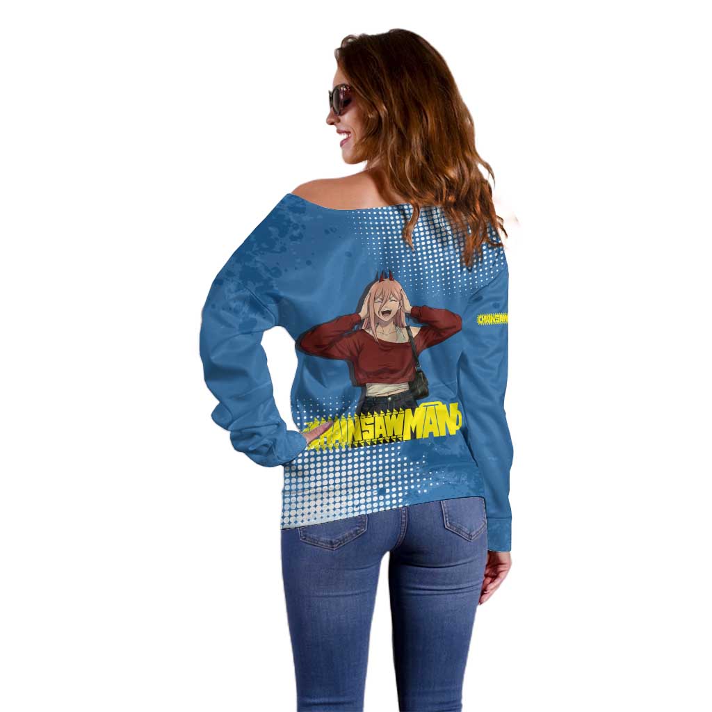 Power Chainsaw Man in Street Chic Off Shoulder Sweater Bold Blue Anime Aesthetic with Power