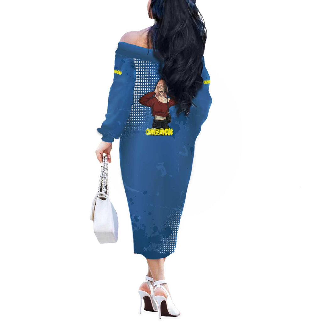 Power Chainsaw Man in Street Chic Off The Shoulder Long Sleeve Dress Bold Blue Anime Aesthetic with Power