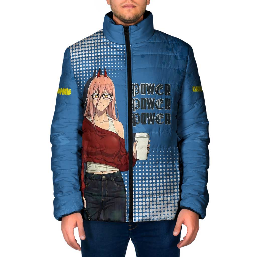 Power Chainsaw Man in Street Chic Padded Jacket Bold Blue Anime Aesthetic with Power