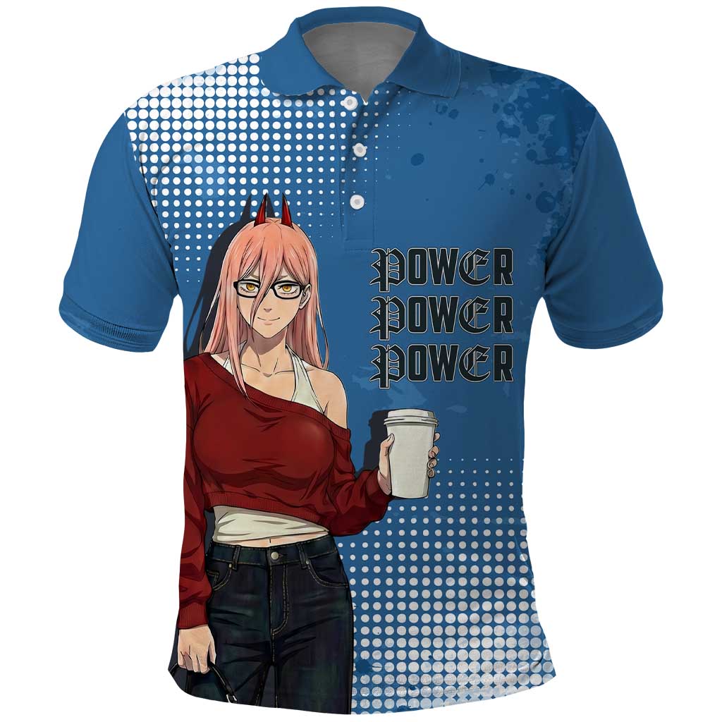 Power Chainsaw Man in Street Chic Polo Shirt Bold Blue Anime Aesthetic with Power
