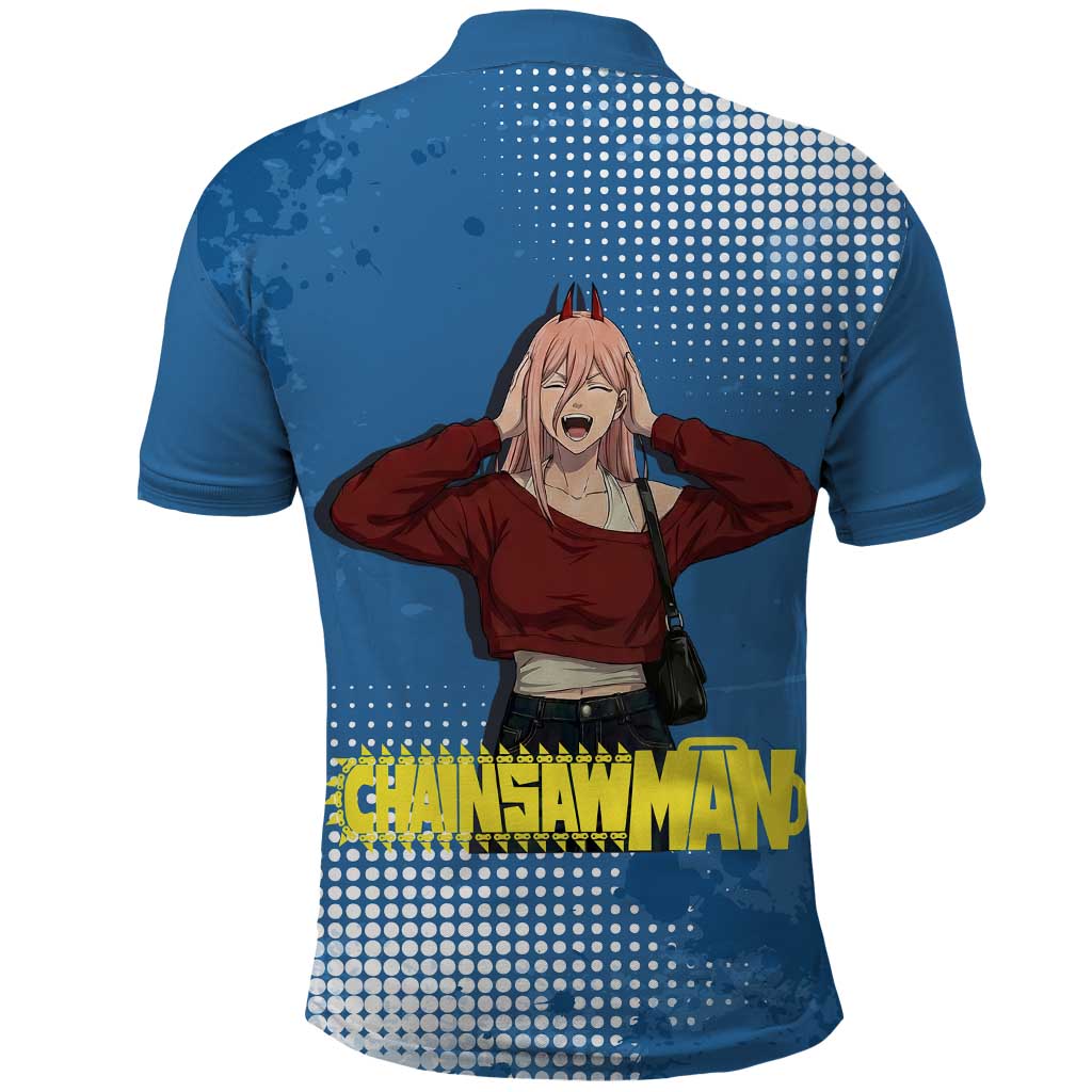 Power Chainsaw Man in Street Chic Polo Shirt Bold Blue Anime Aesthetic with Power
