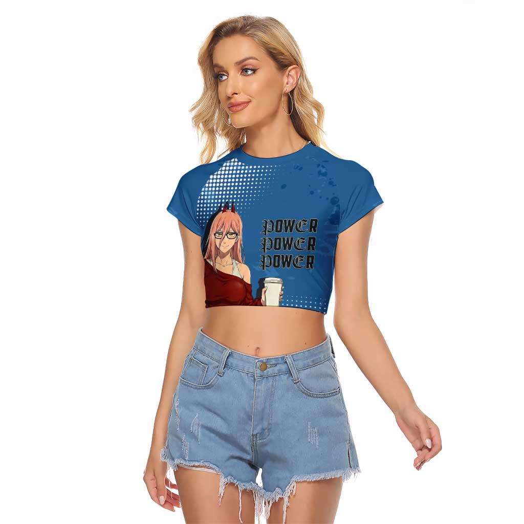 Power Chainsaw Man in Street Chic Raglan Cropped T Shirt Bold Blue Anime Aesthetic with Power