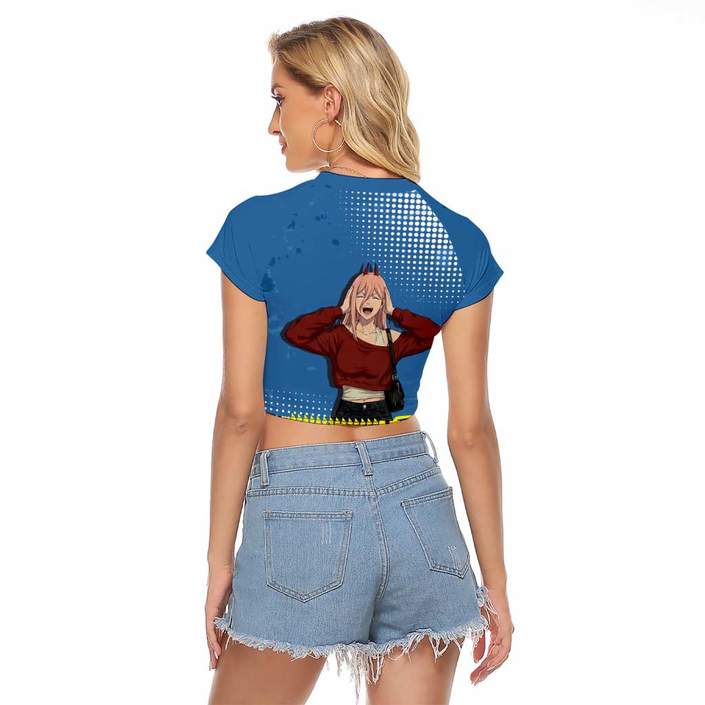 Power Chainsaw Man in Street Chic Raglan Cropped T Shirt Bold Blue Anime Aesthetic with Power
