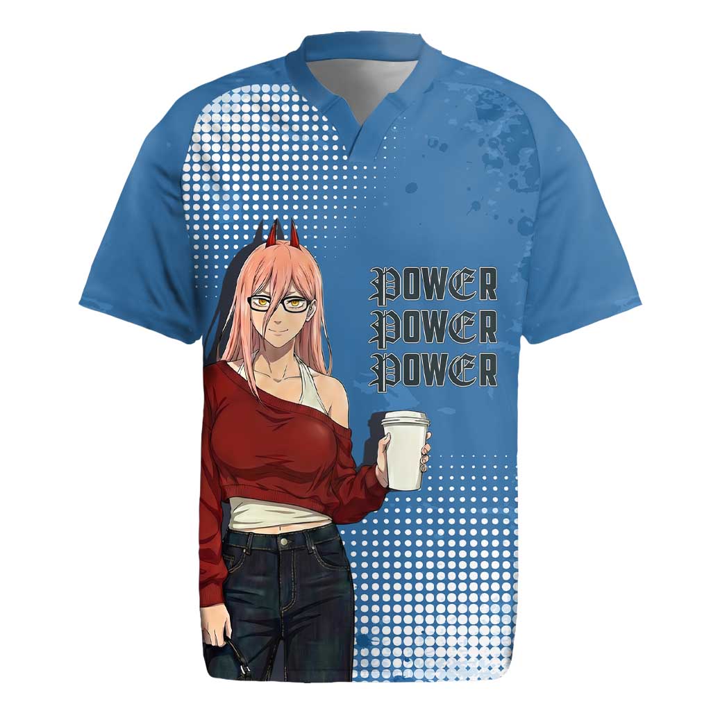 Power Chainsaw Man in Street Chic Rugby Jersey Bold Blue Anime Aesthetic with Power