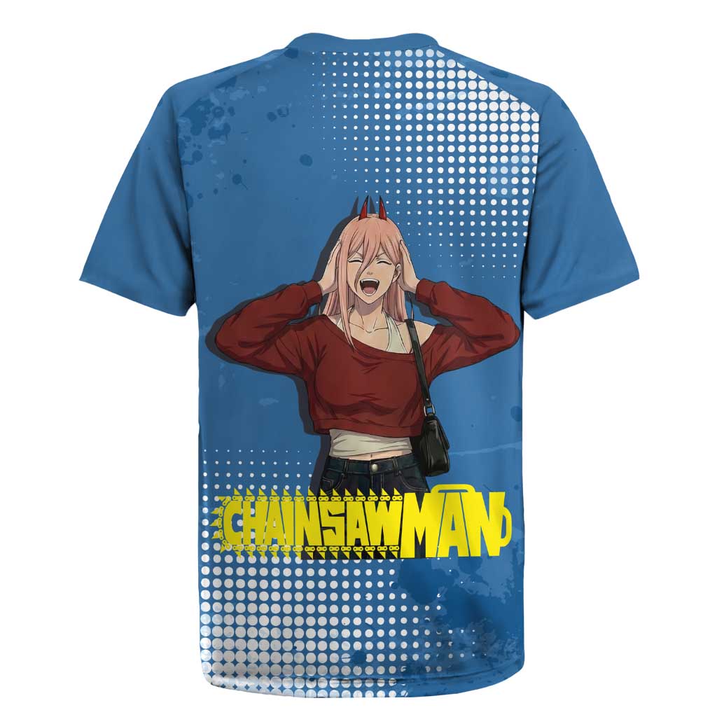 Power Chainsaw Man in Street Chic Rugby Jersey Bold Blue Anime Aesthetic with Power