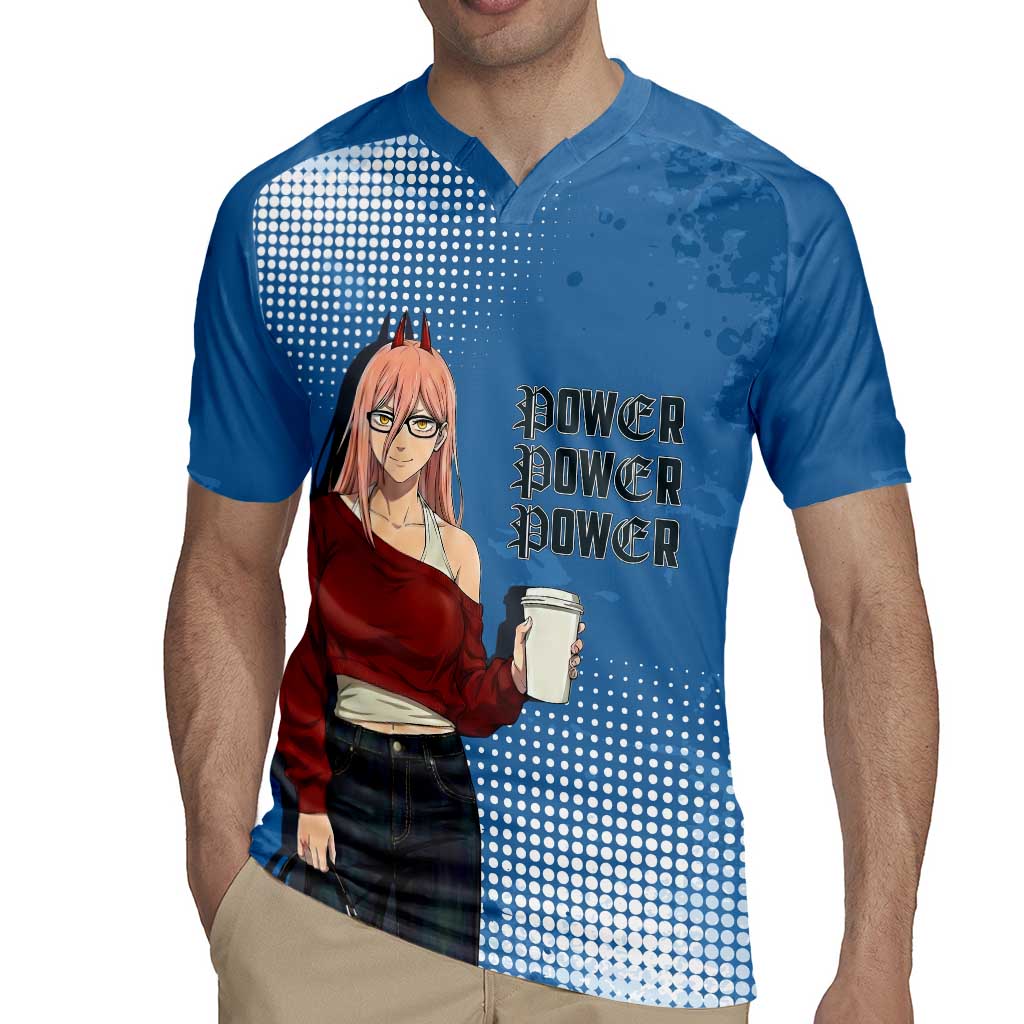 Power Chainsaw Man in Street Chic Rugby Jersey Bold Blue Anime Aesthetic with Power