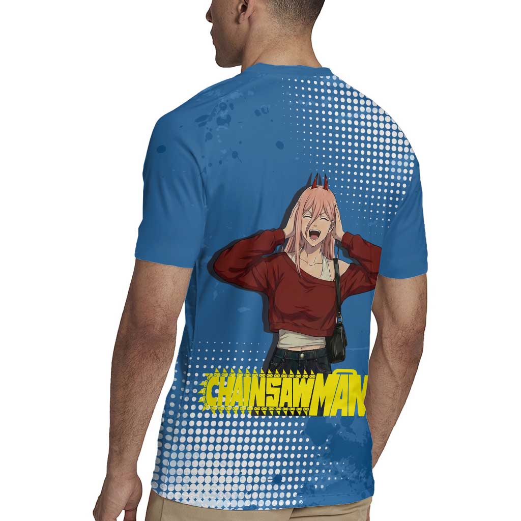 Power Chainsaw Man in Street Chic Rugby Jersey Bold Blue Anime Aesthetic with Power