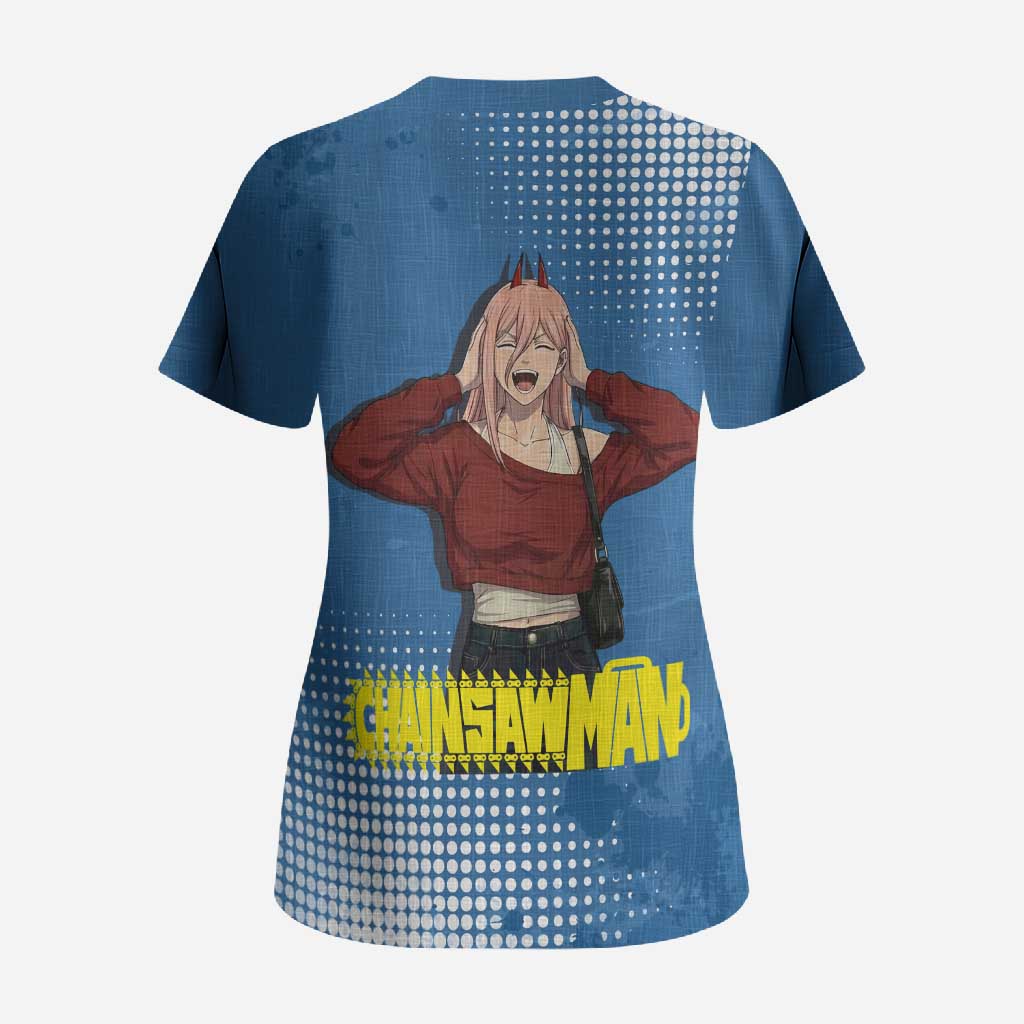 Power Chainsaw Man in Street Chic Scrub Top Bold Blue Anime Aesthetic with Power