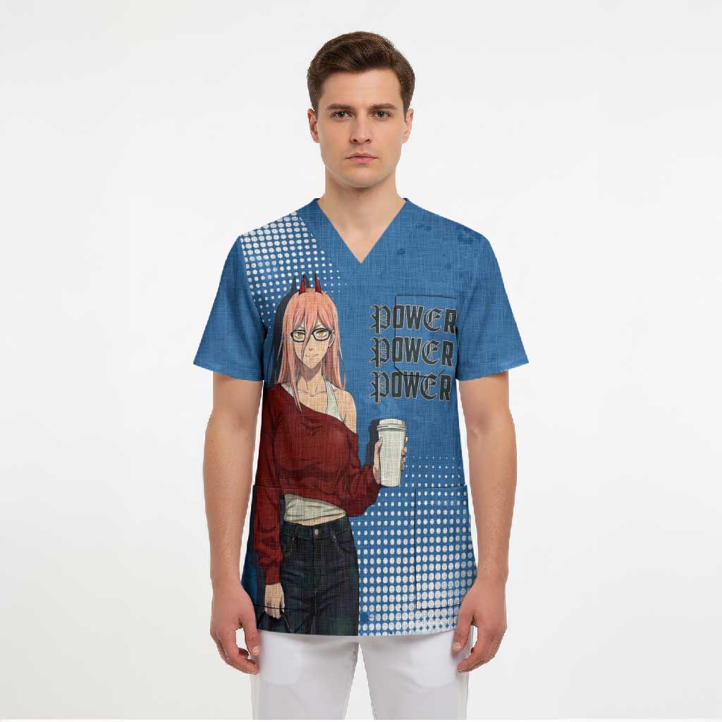 Power Chainsaw Man in Street Chic Scrub Top Bold Blue Anime Aesthetic with Power