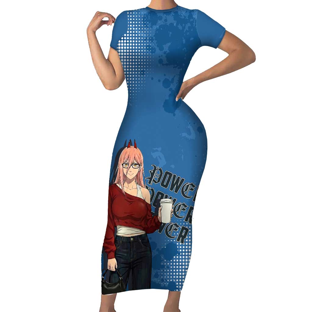 Power Chainsaw Man in Street Chic Short Sleeve Bodycon Dress Bold Blue Anime Aesthetic with Power