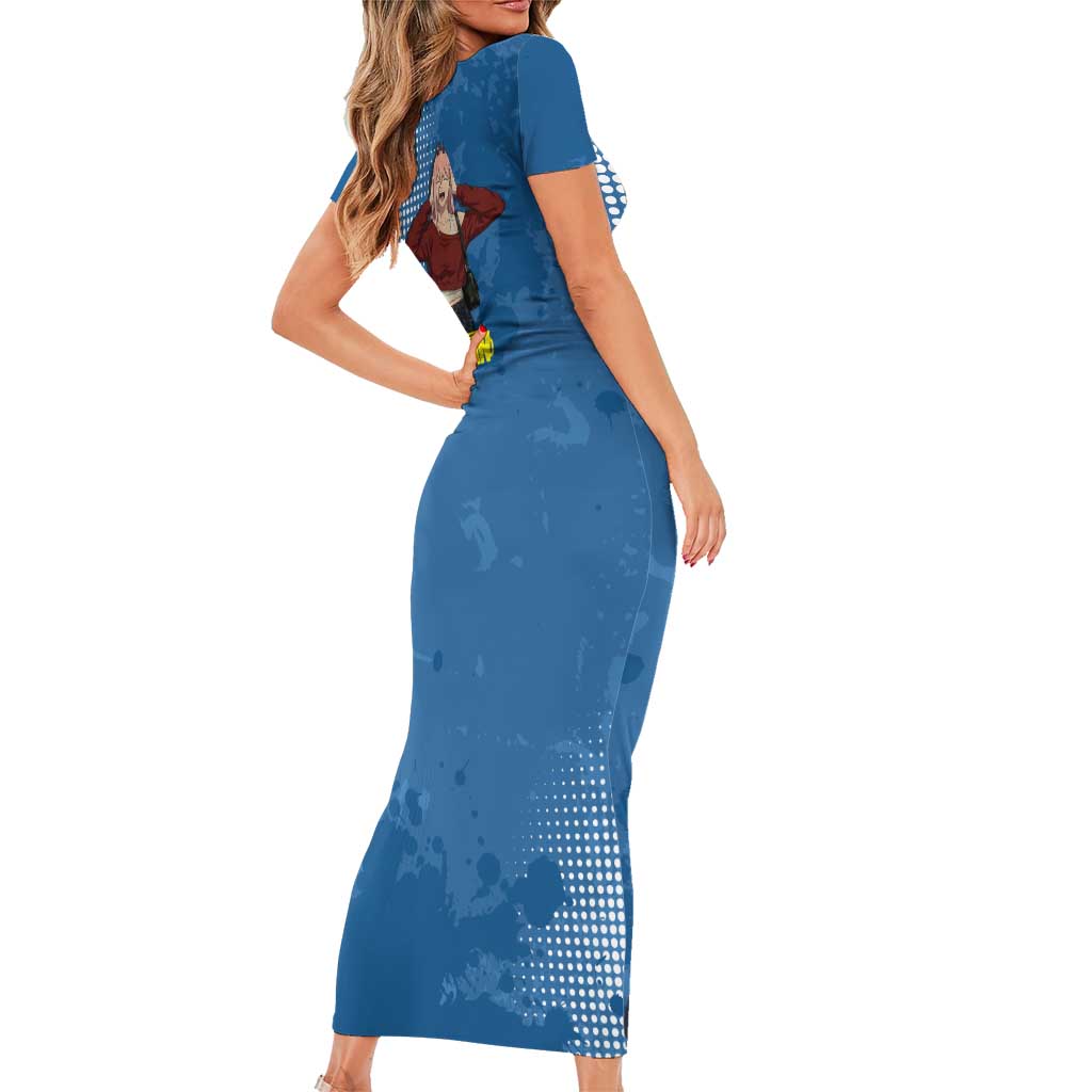 Power Chainsaw Man in Street Chic Short Sleeve Bodycon Dress Bold Blue Anime Aesthetic with Power