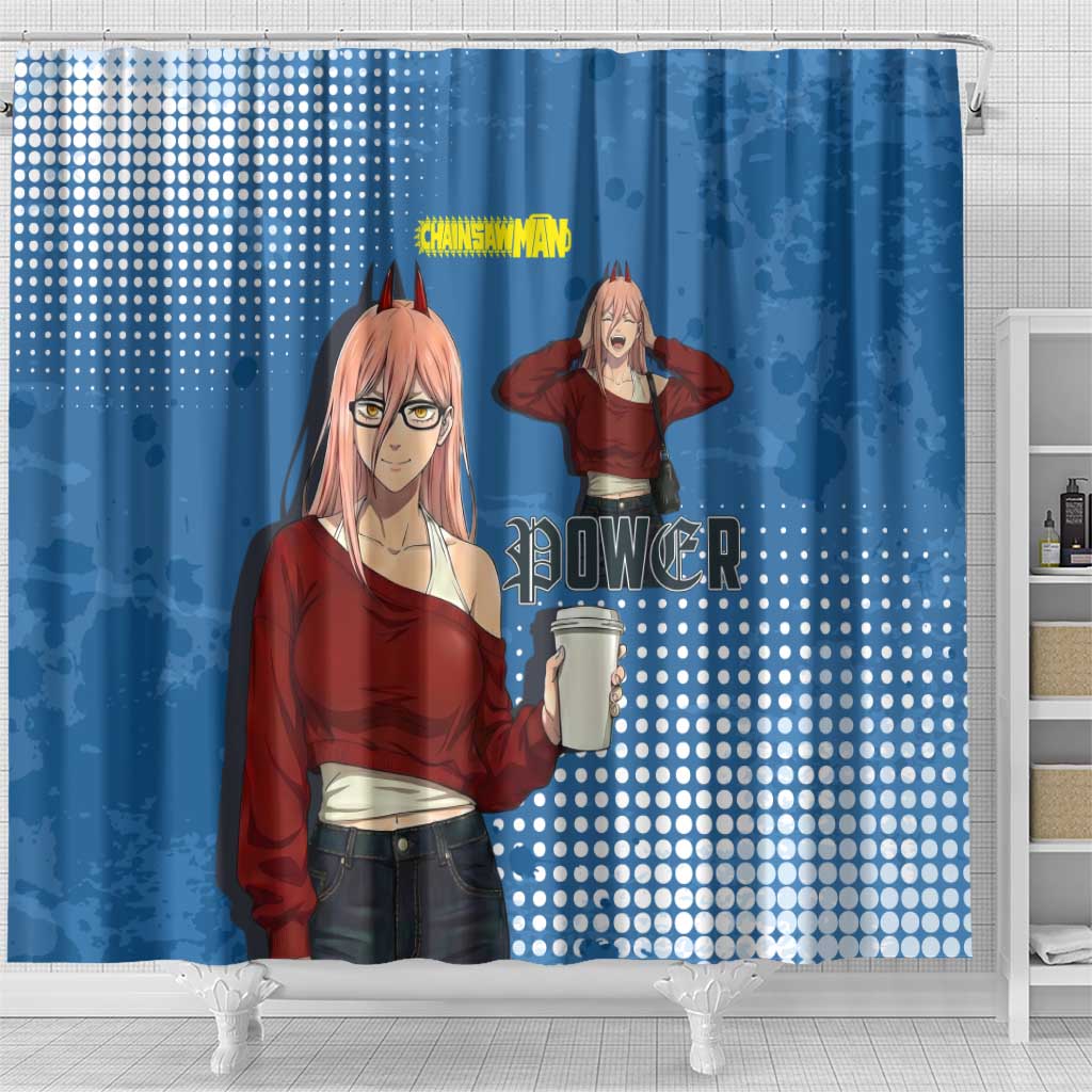 Power Chainsaw Man in Street Chic Shower Curtain Bold Blue Anime Aesthetic with Power