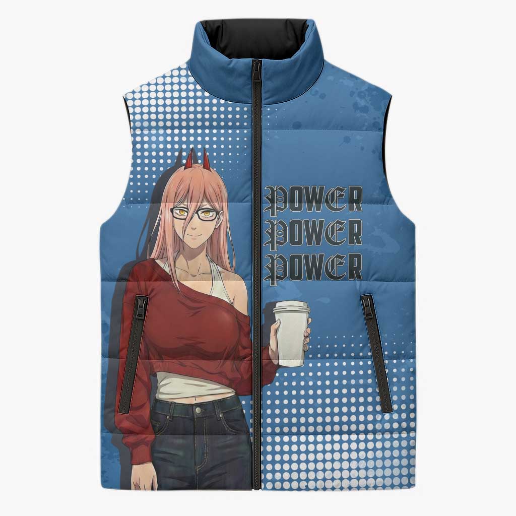 Power Chainsaw Man in Street Chic Sleeveless Puffer Jacket Bold Blue Anime Aesthetic with Power