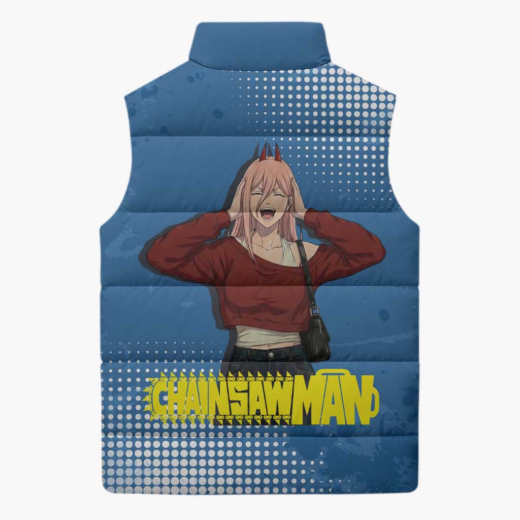 Power Chainsaw Man in Street Chic Sleeveless Puffer Jacket Bold Blue Anime Aesthetic with Power