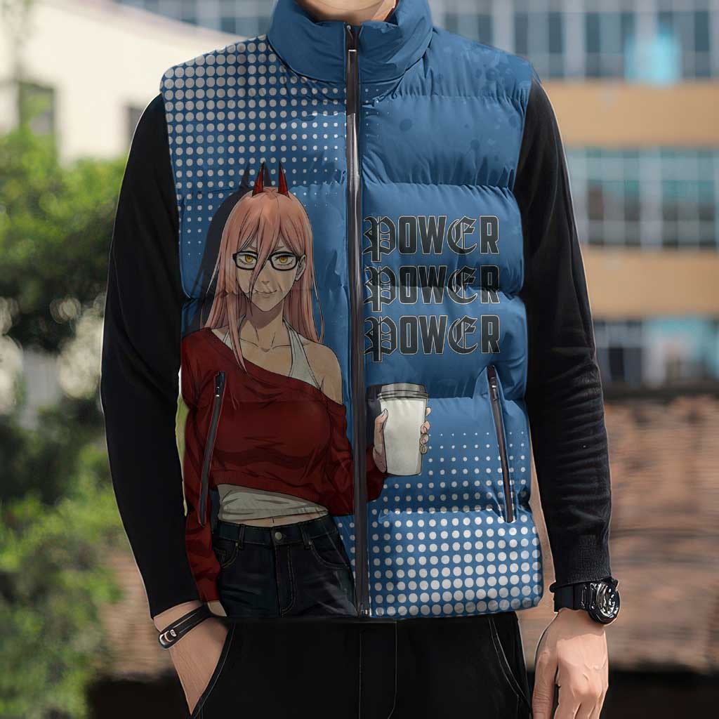 Power Chainsaw Man in Street Chic Sleeveless Puffer Jacket Bold Blue Anime Aesthetic with Power