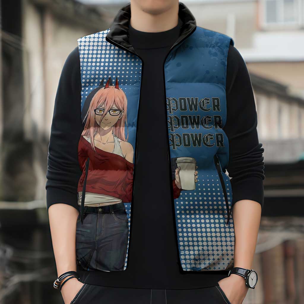 Power Chainsaw Man in Street Chic Sleeveless Puffer Jacket Bold Blue Anime Aesthetic with Power