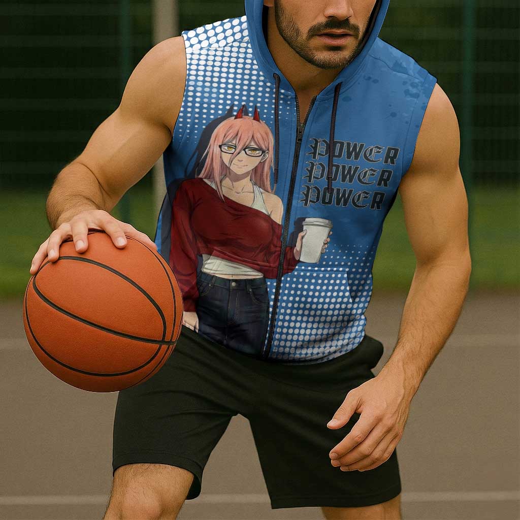 Power Chainsaw Man in Street Chic Sleeveless Zip Hoodie Bold Blue Anime Aesthetic with Power