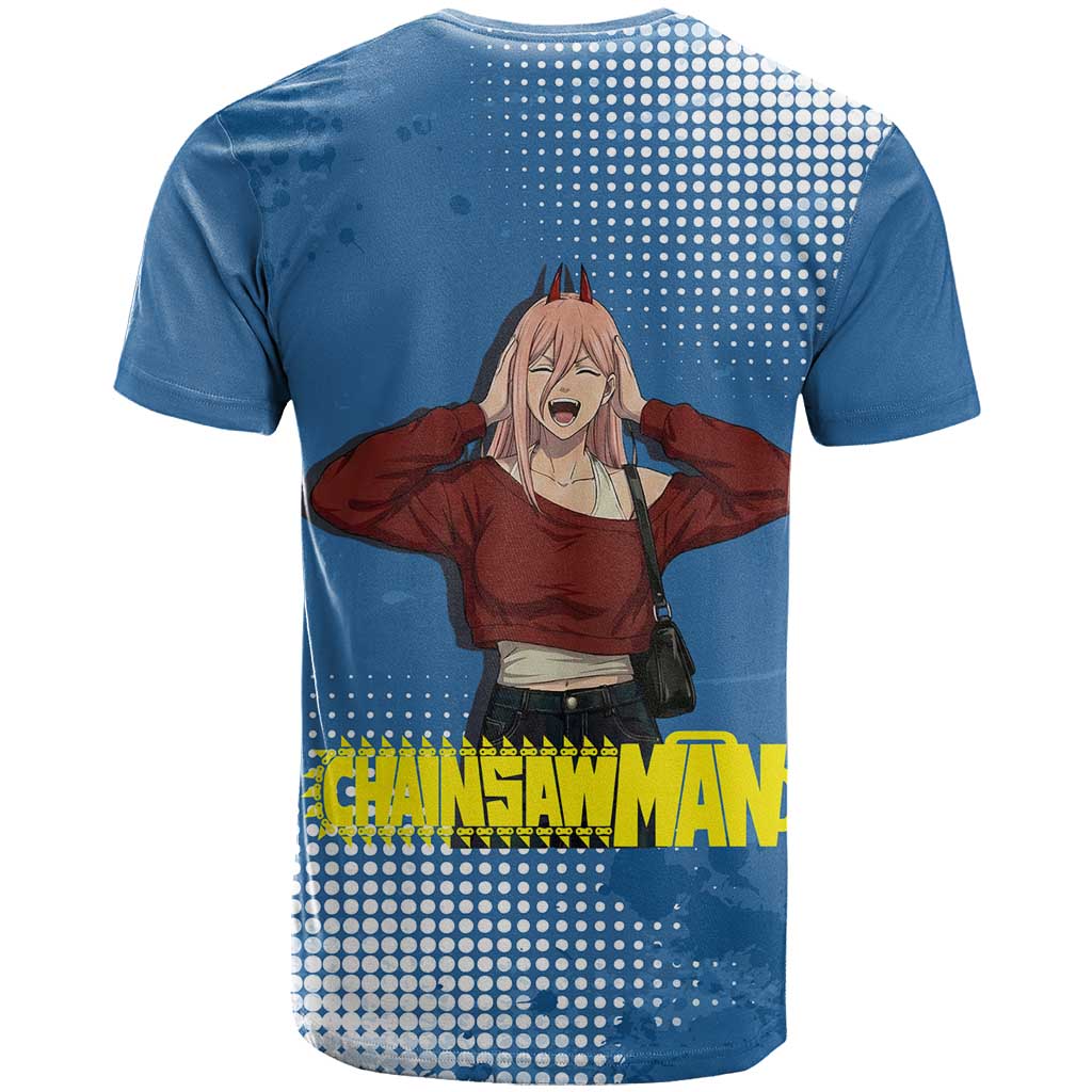 Power Chainsaw Man in Street Chic T Shirt Bold Blue Anime Aesthetic with Power