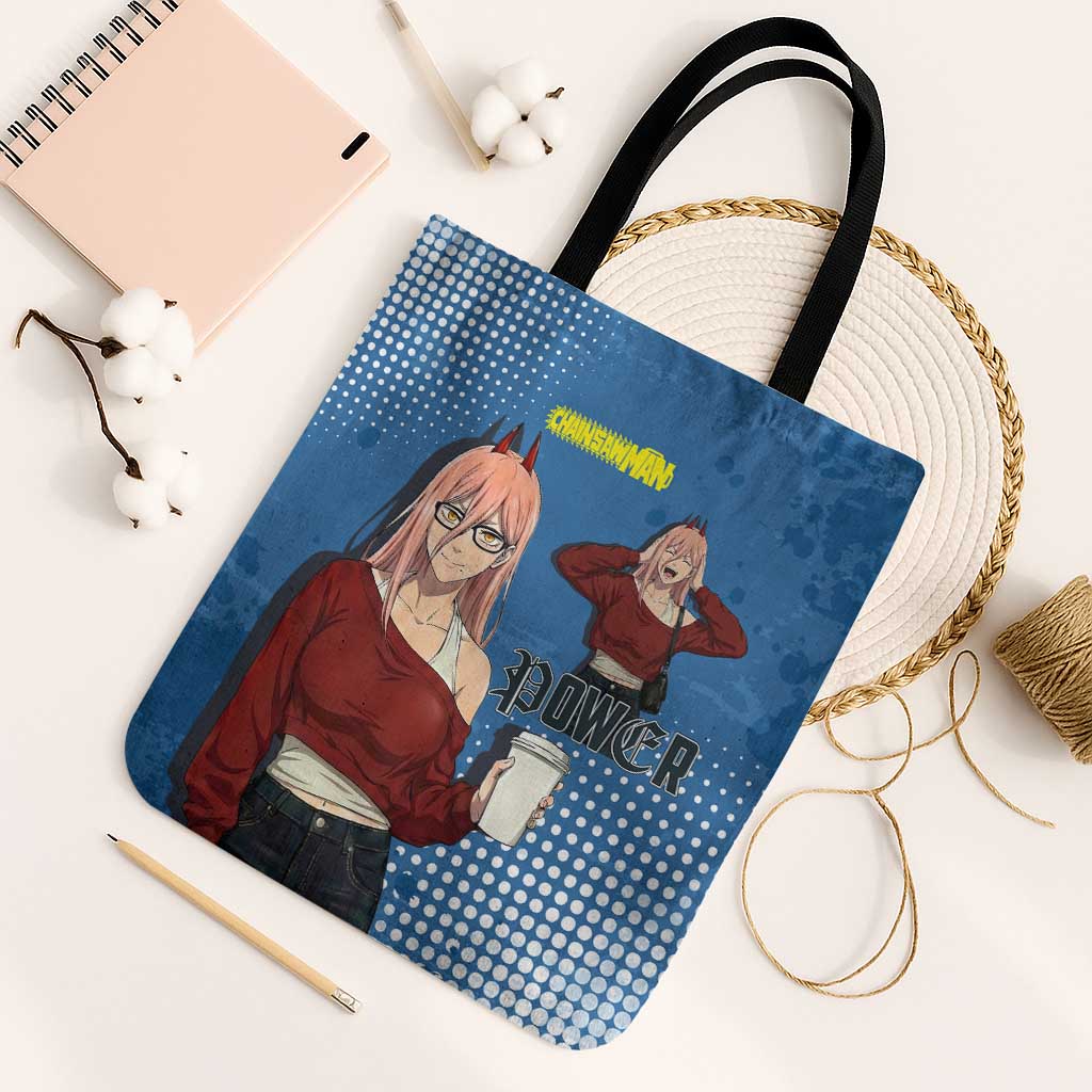 Power Chainsaw Man in Street Chic Tote Bag Bold Blue Anime Aesthetic with Power