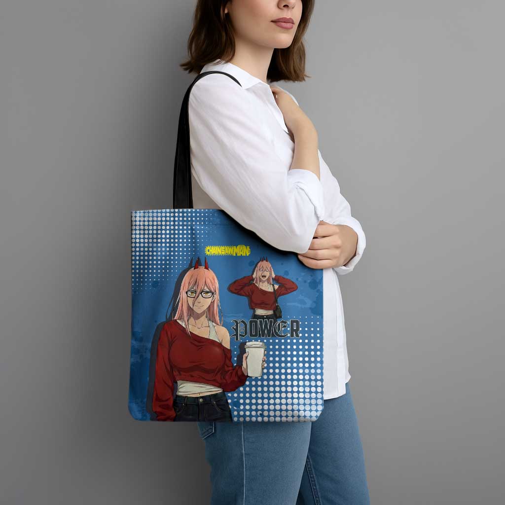 Power Chainsaw Man in Street Chic Tote Bag Bold Blue Anime Aesthetic with Power