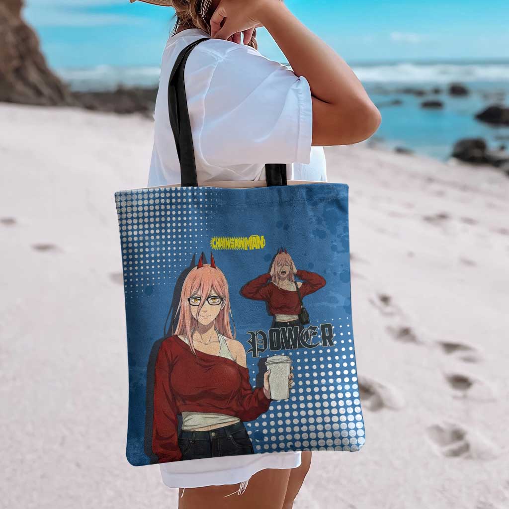 Power Chainsaw Man in Street Chic Tote Bag Bold Blue Anime Aesthetic with Power