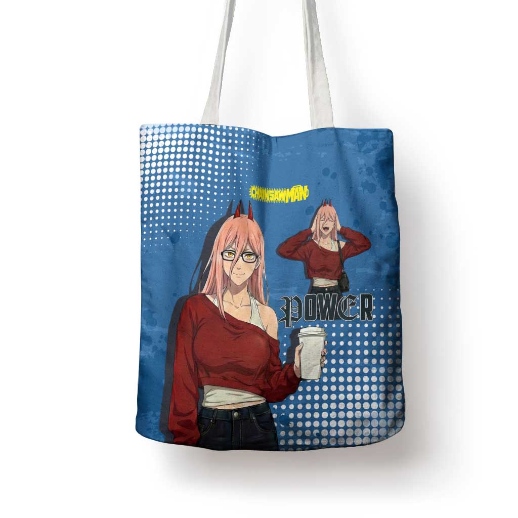 Power Chainsaw Man in Street Chic Tote Bag Bold Blue Anime Aesthetic with Power
