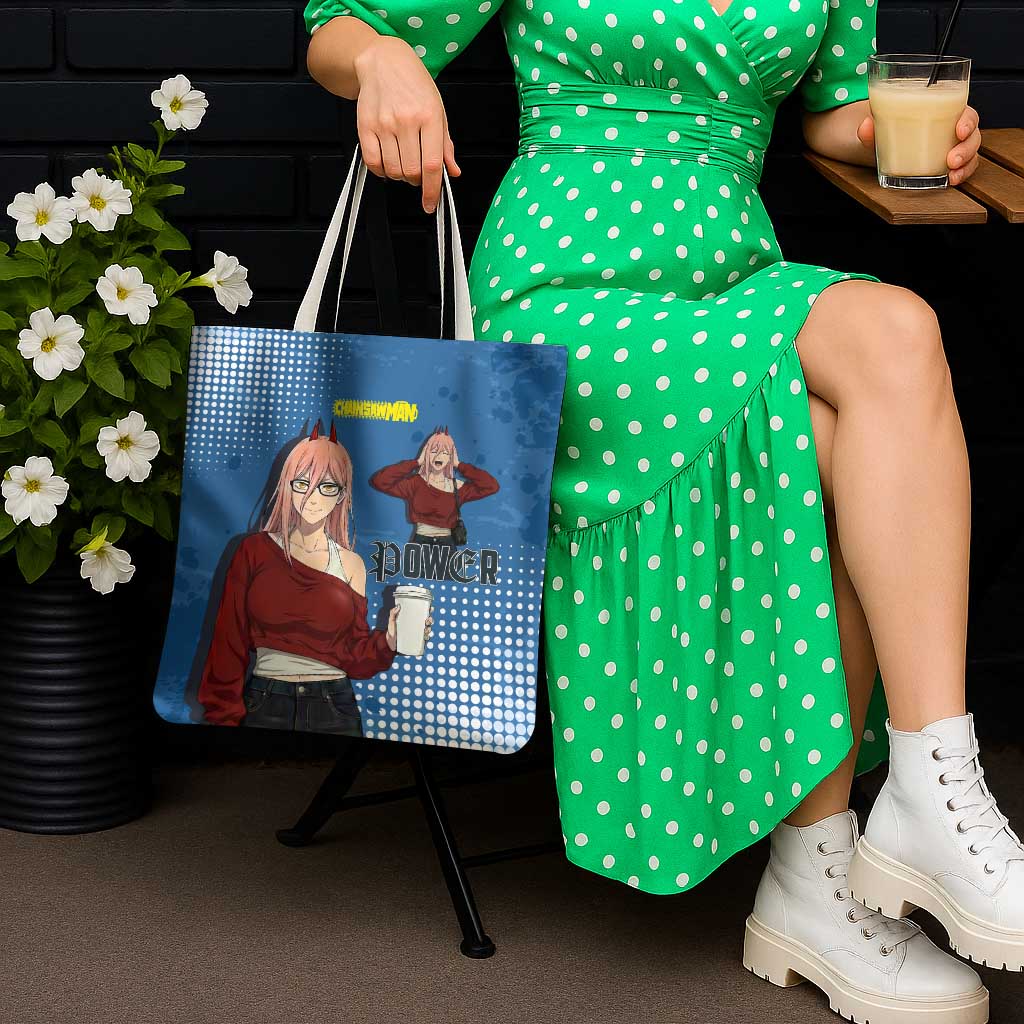 Power Chainsaw Man in Street Chic Tote Bag Bold Blue Anime Aesthetic with Power