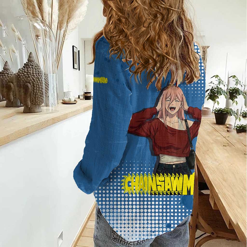 Power Chainsaw Man in Street Chic Women Casual Shirt Bold Blue Anime Aesthetic with Power