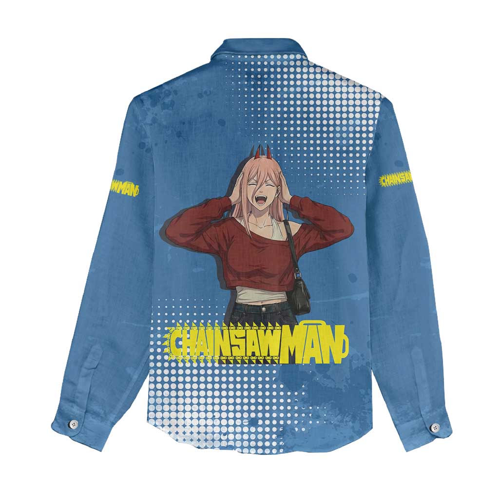 Power Chainsaw Man in Street Chic Women Casual Shirt Bold Blue Anime Aesthetic with Power