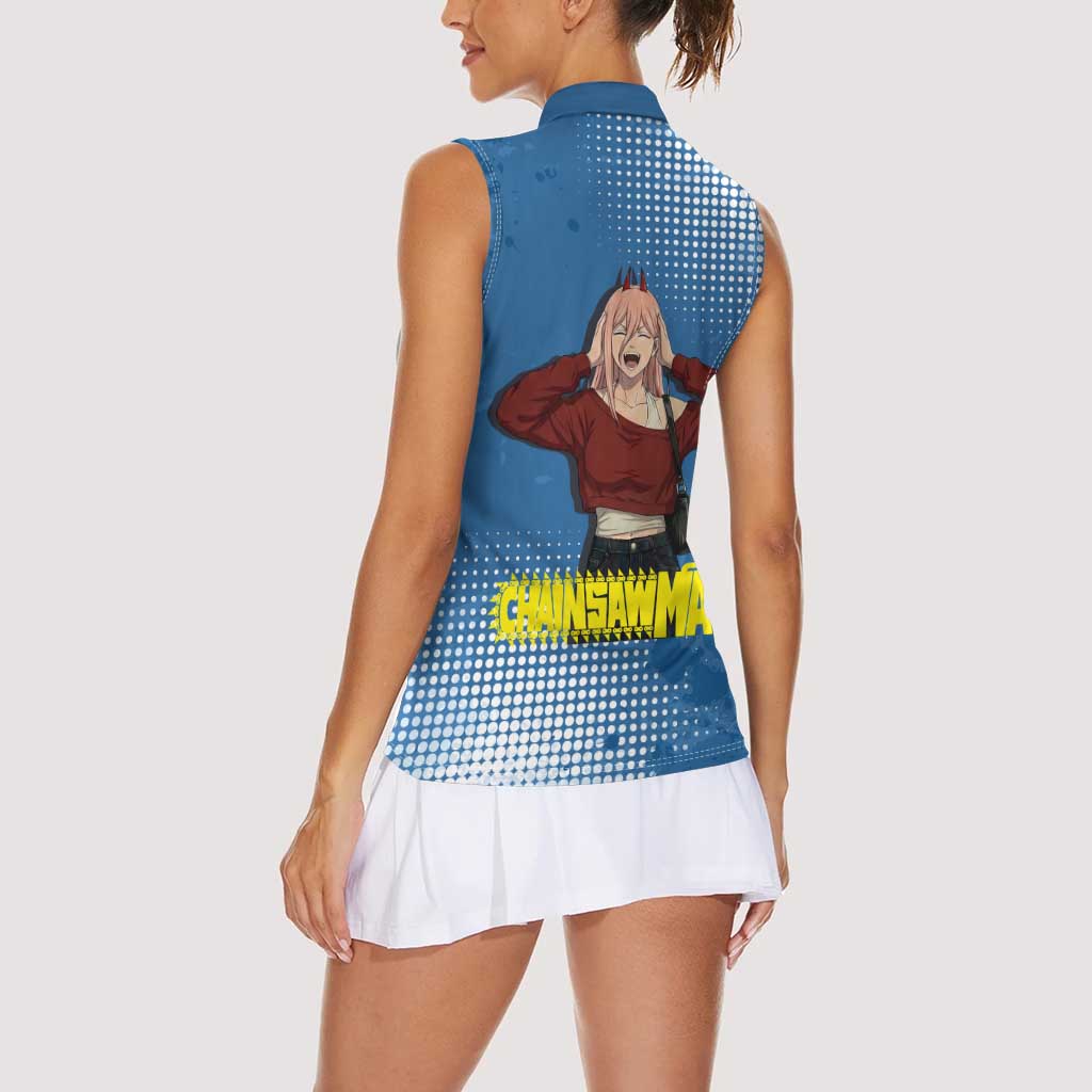 Power Chainsaw Man in Street Chic Women Sleeveless Polo Shirt Bold Blue Anime Aesthetic with Power