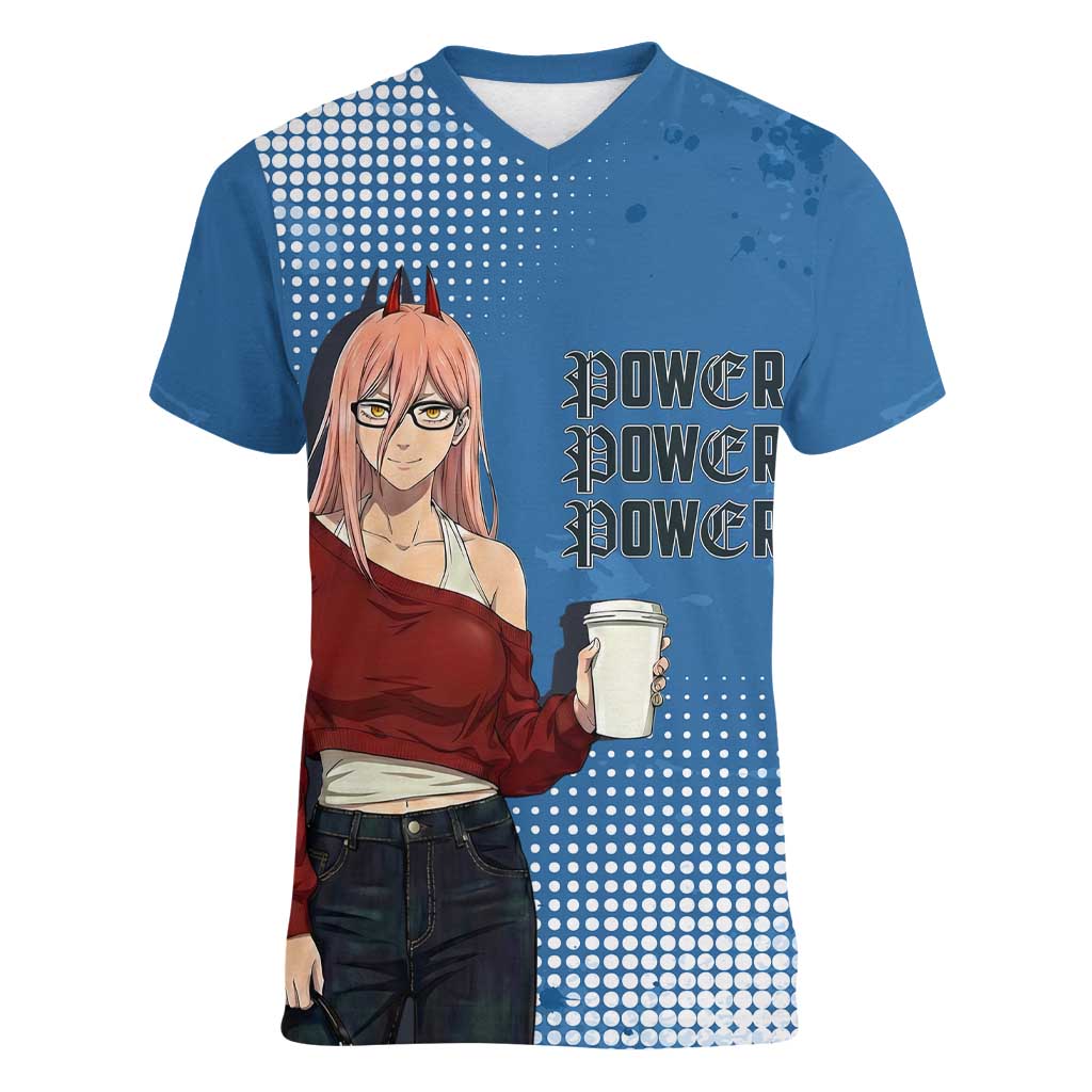 Power Chainsaw Man in Street Chic Women V-Neck T-Shirt Bold Blue Anime Aesthetic with Power